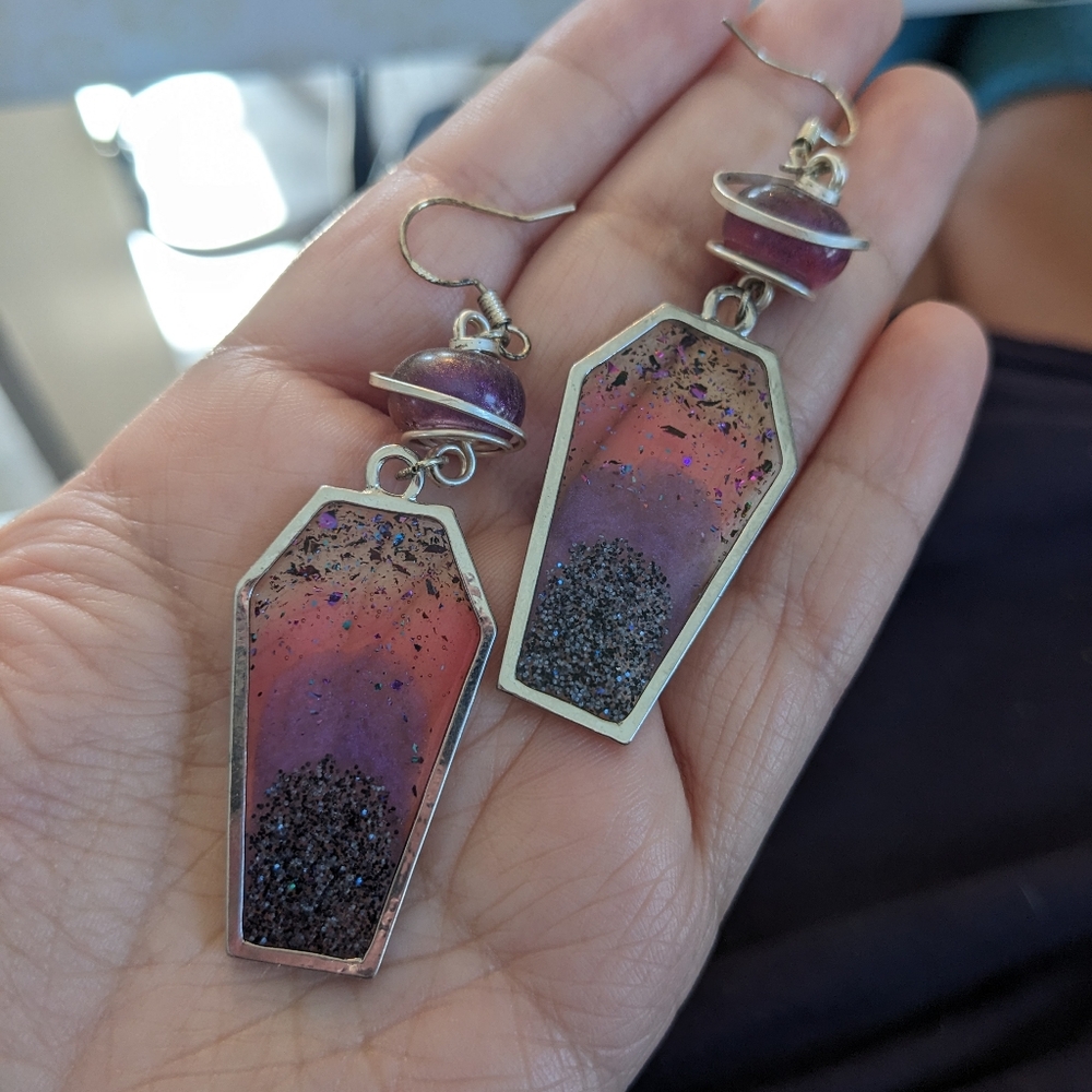Lavender Purple Lightweight Coffin Goth Earrings Black Galaxy Handmade